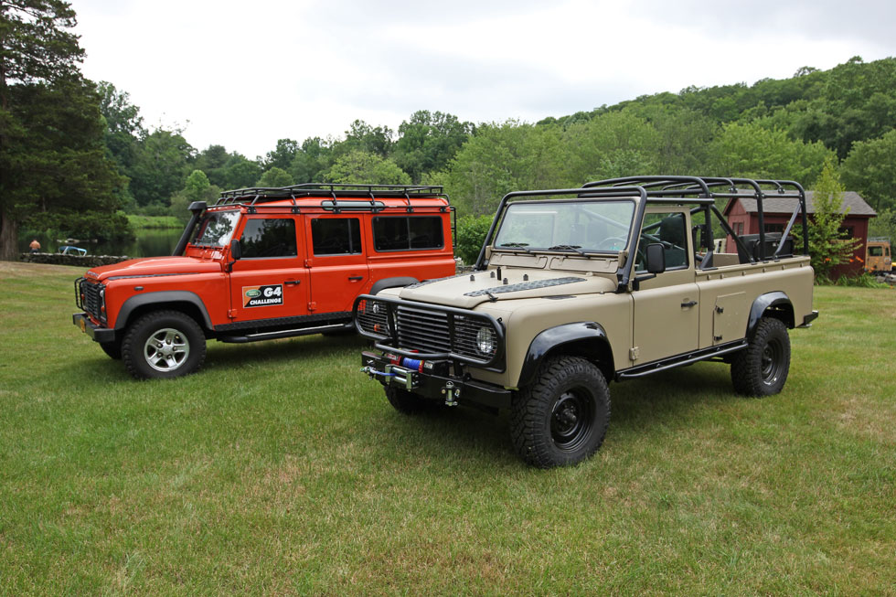 Land Rover G4 Challenge. Two different Land Rover Defender styles. Four-door station wagon and two-door soft top.