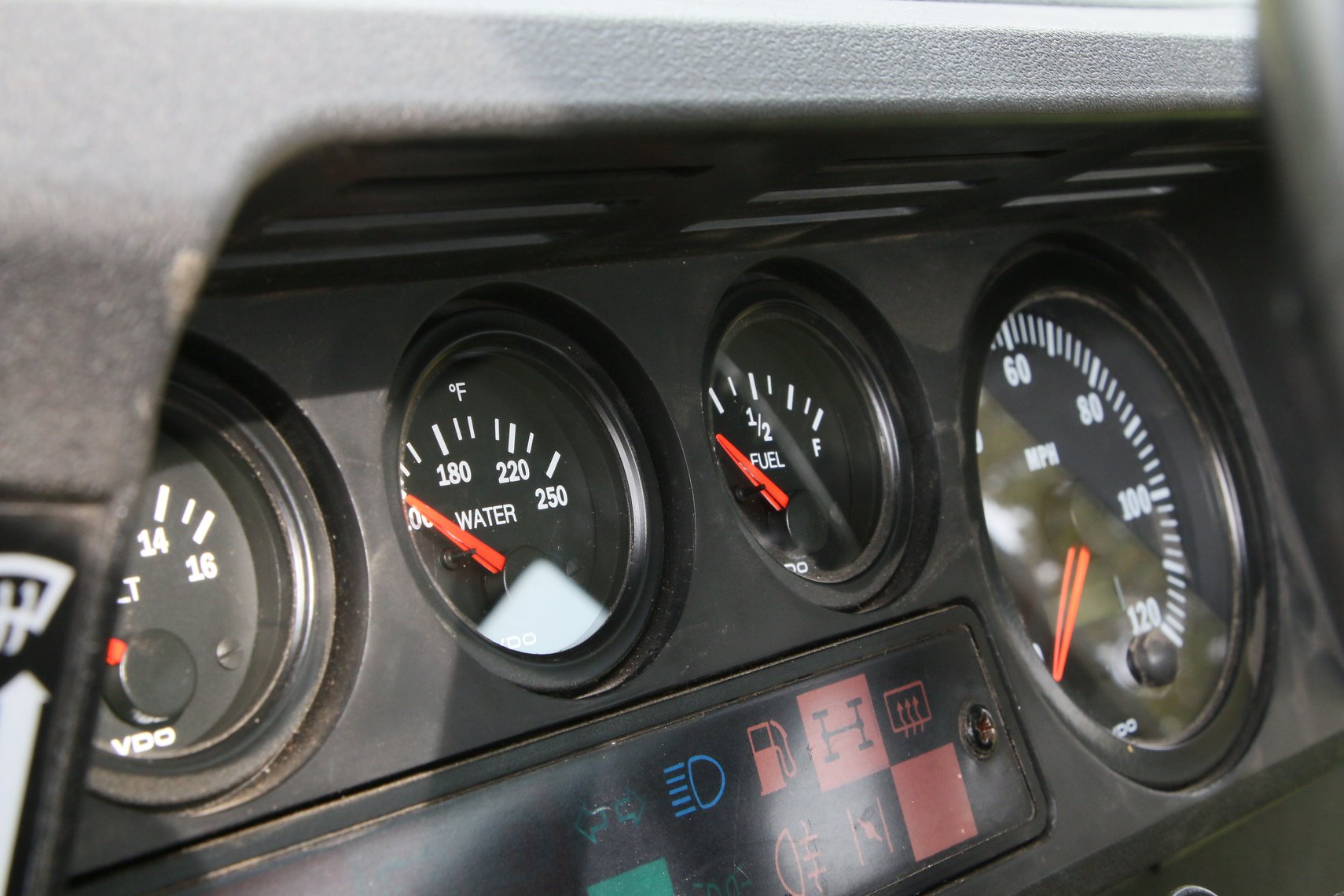 New VDO gauges in a Defender dash.