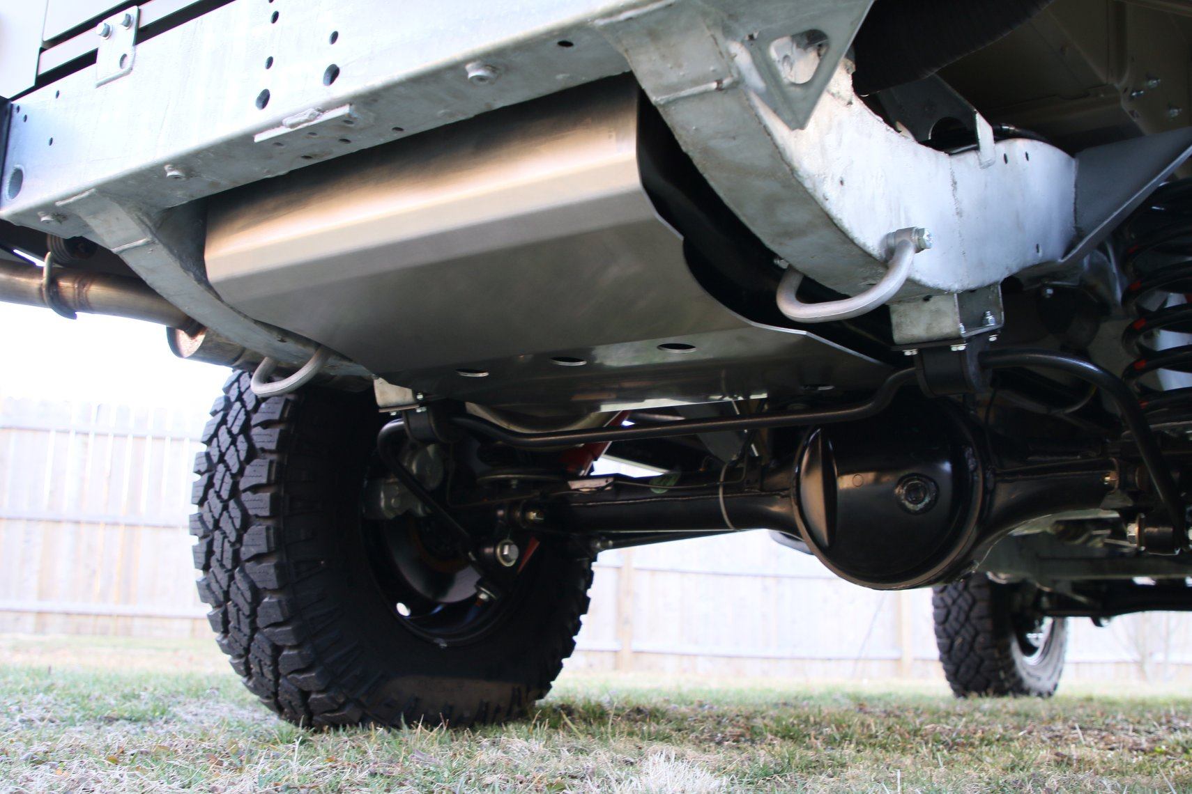 The underside of a restored Land Rover Defender.